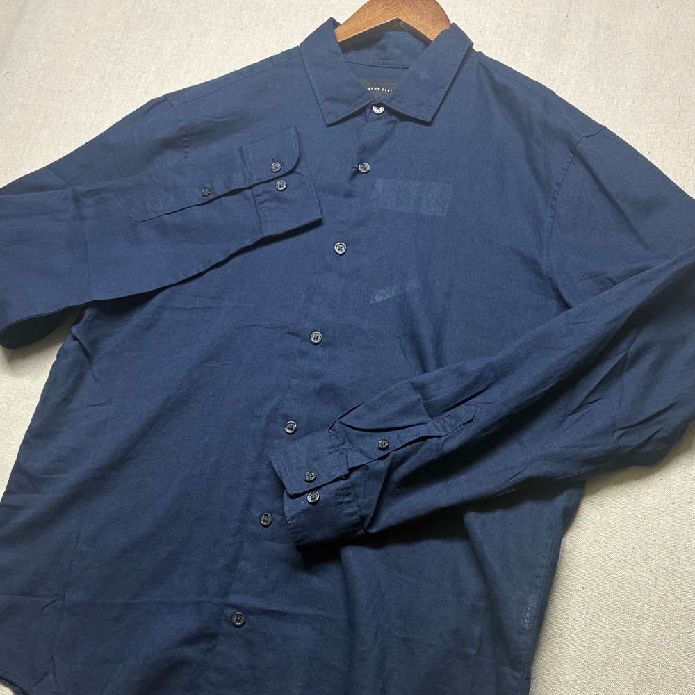 Perry Ellis Mens L Navy Blue Linen Blend Long Sleeve Roll Tab Button Up NWT